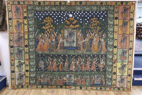 A large Indian painted wall hanging H.182cm, W.253cm